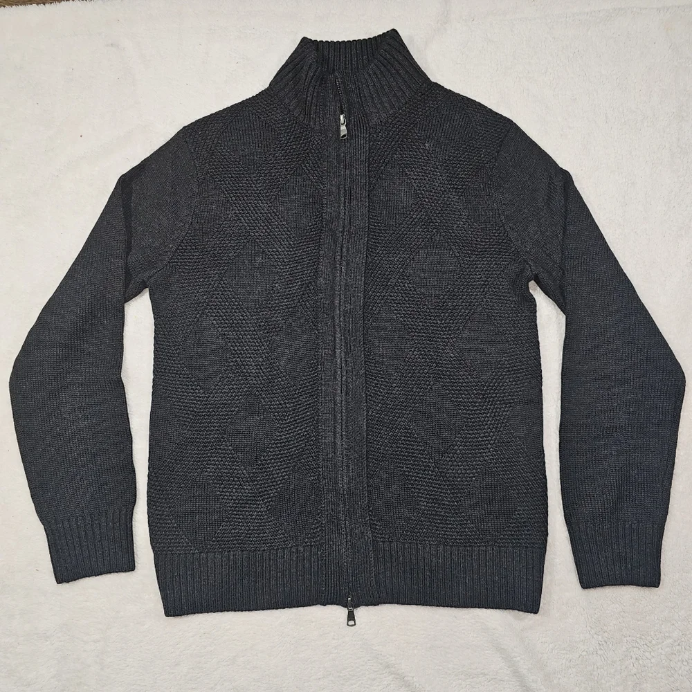 Banana Republic Extra Fine Merino Wool Black Textured Knit Front Zip Cardigan-M